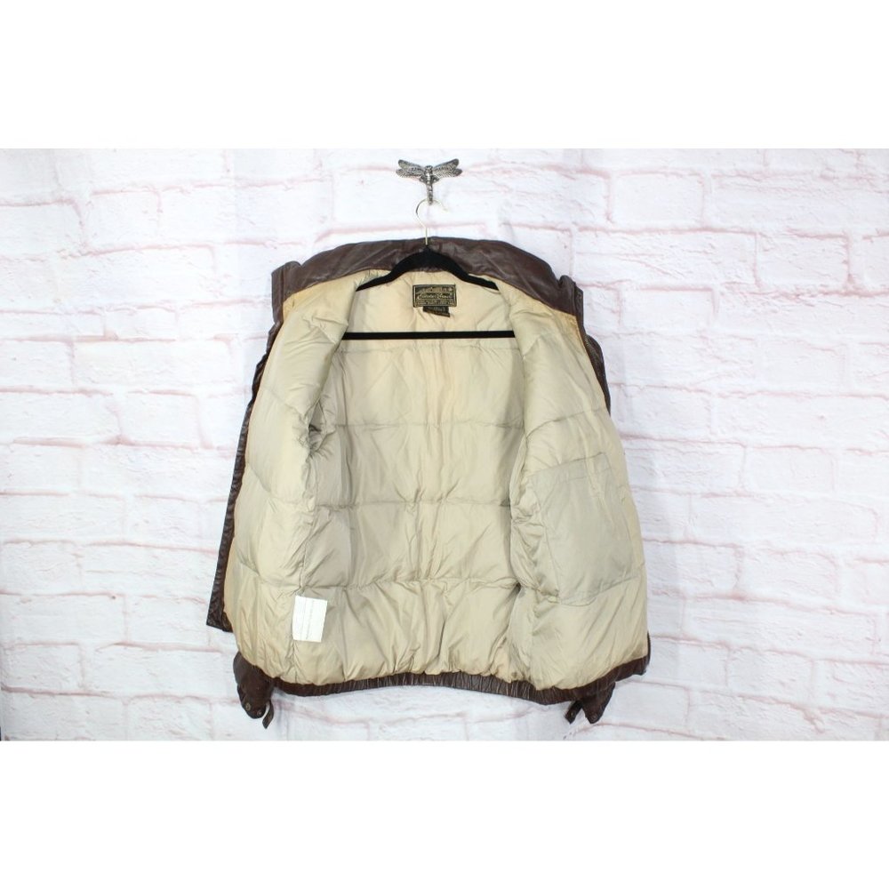Eddie Bauer Brown Leather Nylon Lined Down Jacket Size L Tall - Picture 9 of 10